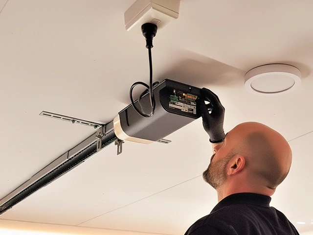 Technician inspecting a garage door opener motor for faults and safety in Perth