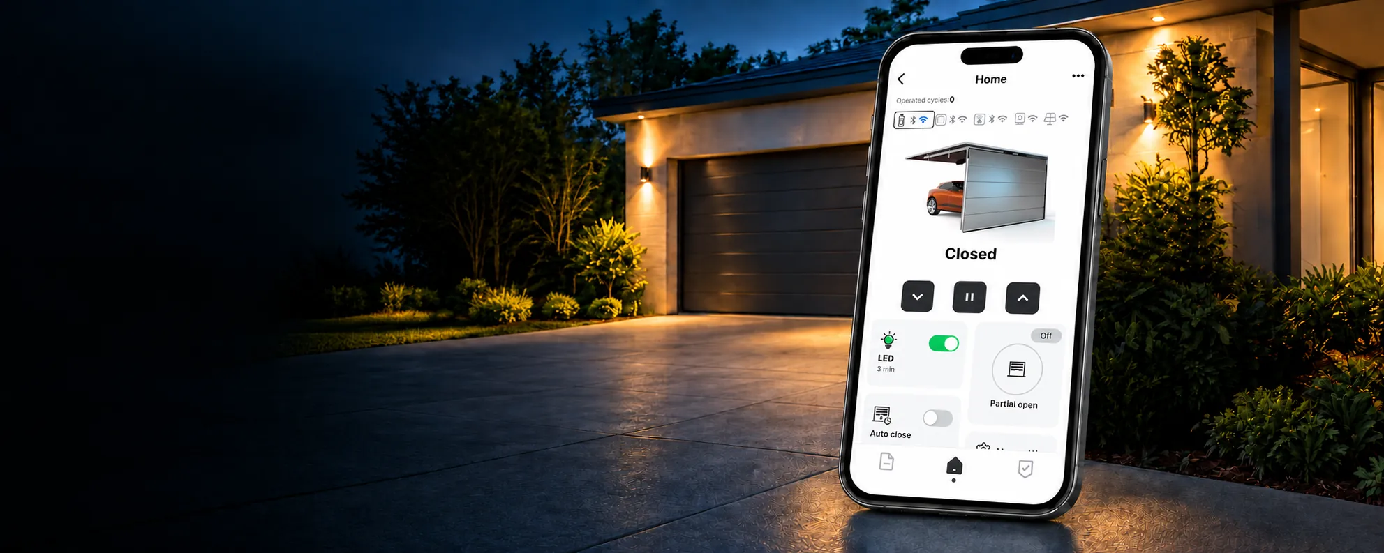 The Superlift app on a phone in front of a garage at night, showing the door status with close, stop and open buttons